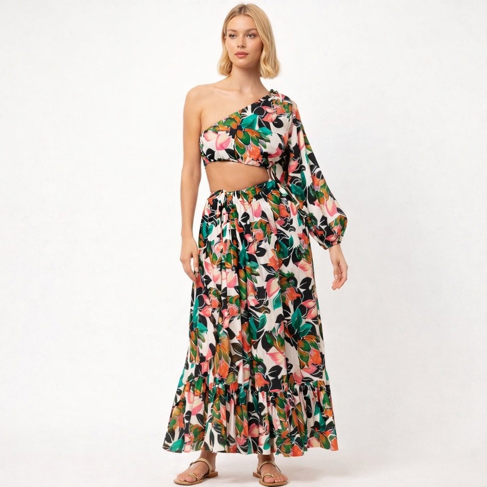 MISA Los Angeles One Shoulder Cutout Maxi Dress Tropical Floral Print LARGE